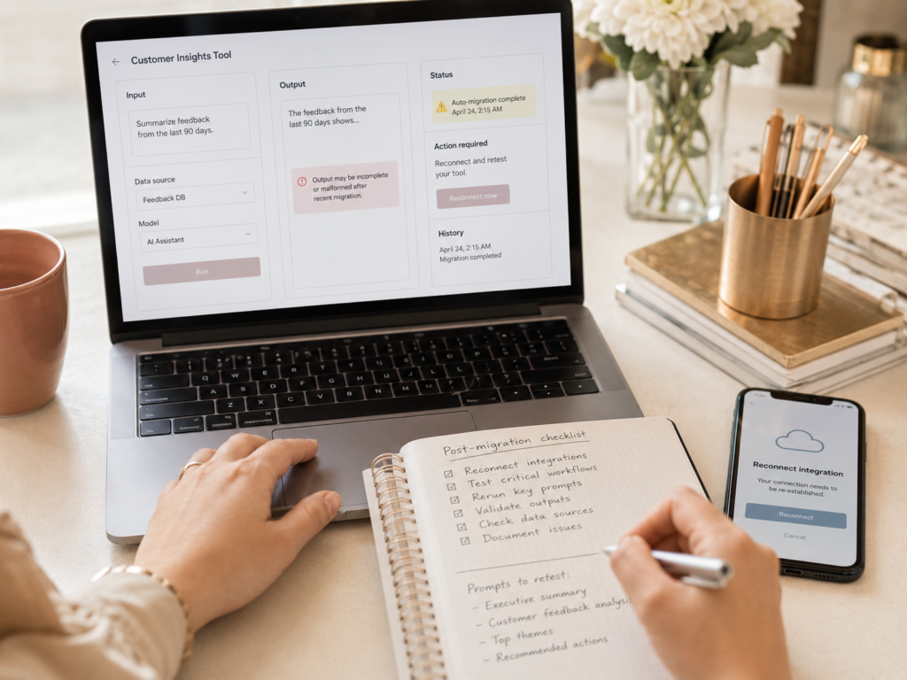 A laptop showing an AI tool's 'auto-migration complete — reconnect and retest' screen beside a handwritten post-migration checklist…