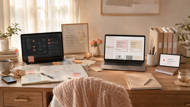Cozy home-office desk with two laptops, one showing a 'Done-for-You AI Tool, ready to resell' option beside a 'Build from Scratch' option…