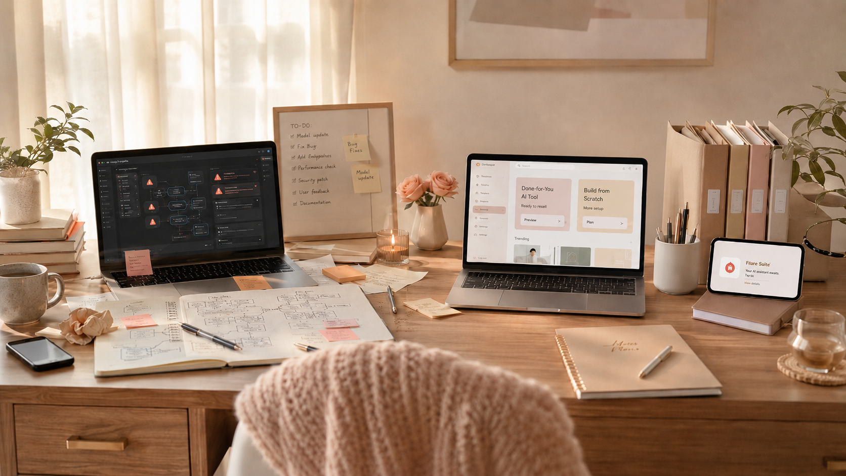 Cozy home-office desk with two laptops, one showing a 'Done-for-You AI Tool, ready to resell' option beside a 'Build from Scratch' option…