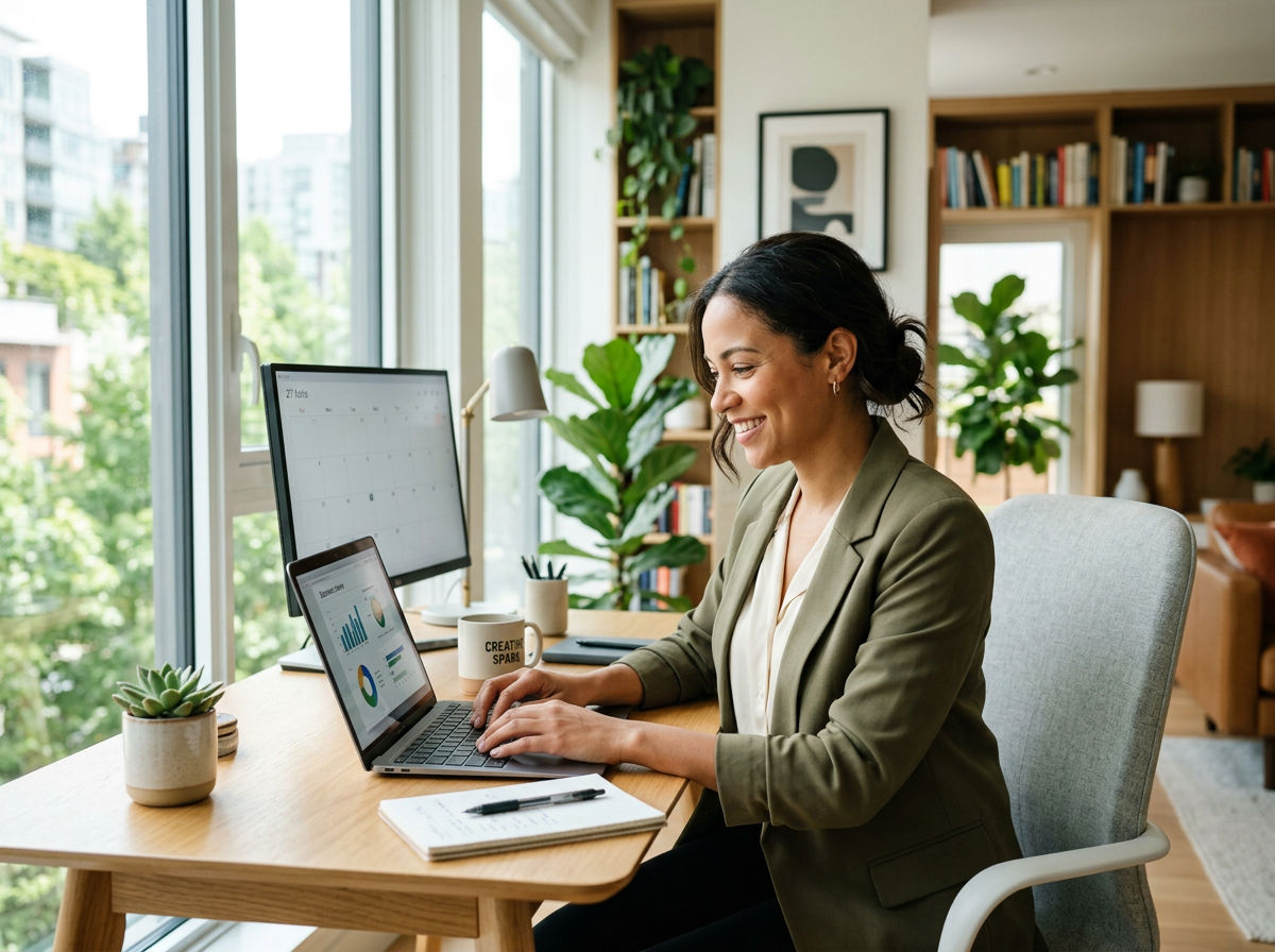 A creative businesswoman working at her laptop in a bright modern home office