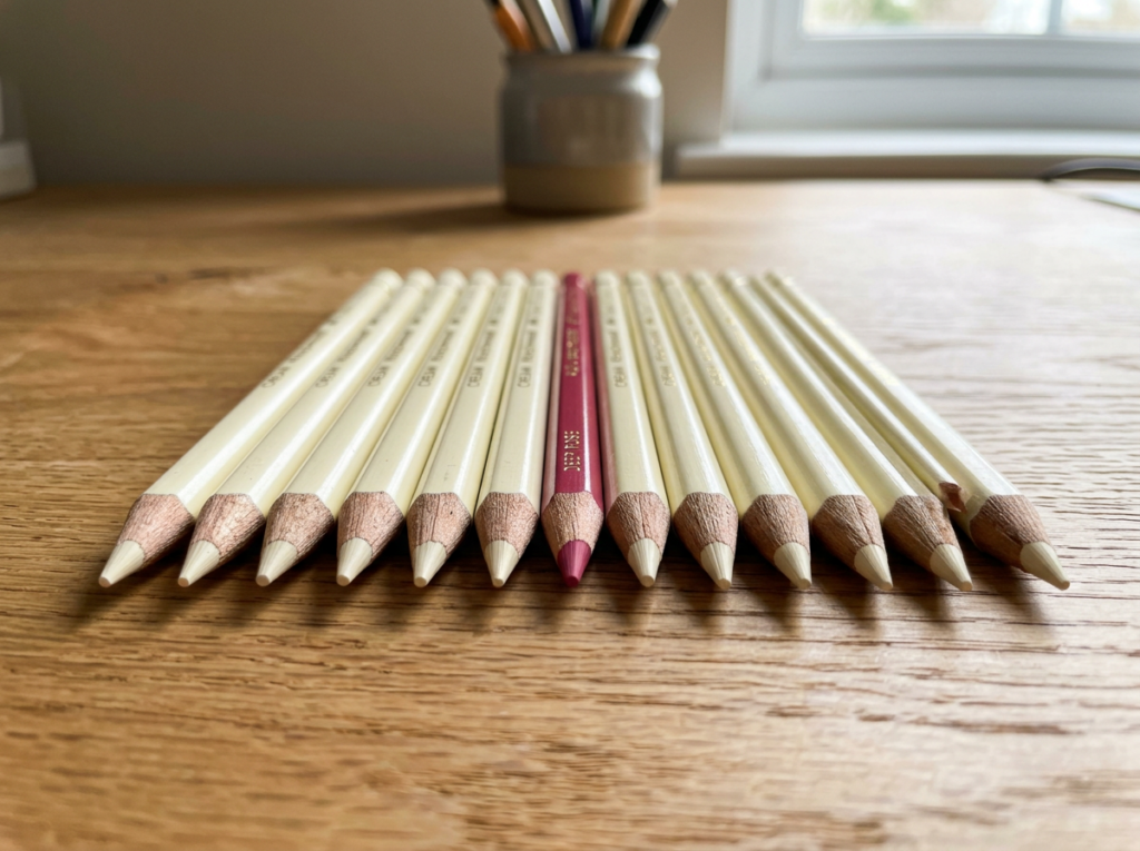 Eleven white colored pencils and one red colored pencil placed in a row on a wooden surface