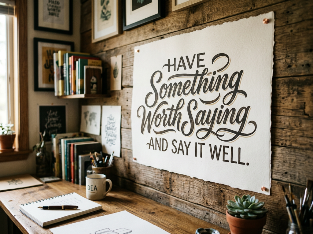 Sign on wooden wall with quote 'Have Something Worth Saying and Say It Well'