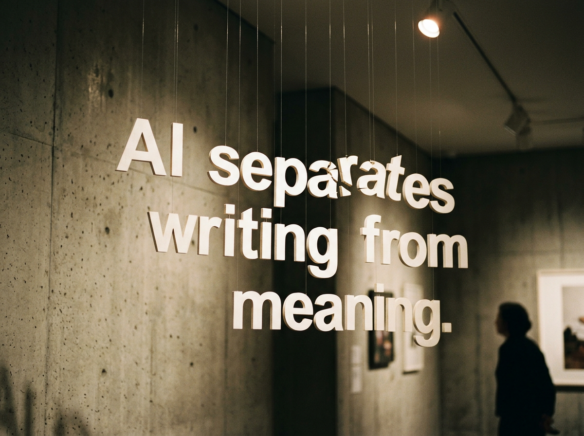 Hanging letters forming the phrase 'AI separates writing from meaning.' in an art gallery